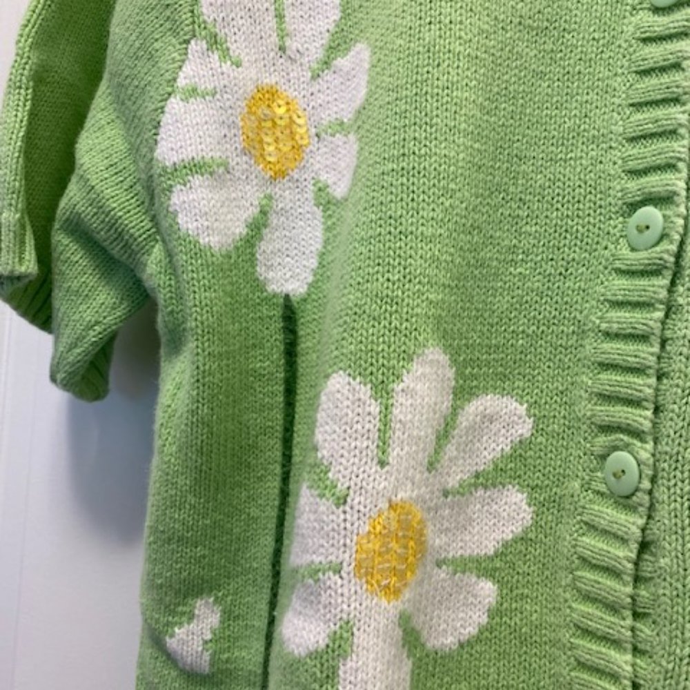 Quacker Factory S/S Lime Green Button Cardigan Wh… - image 2